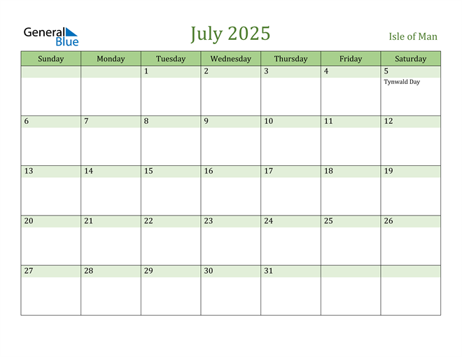 July 2025 Calendar with Isle of Man Holidays