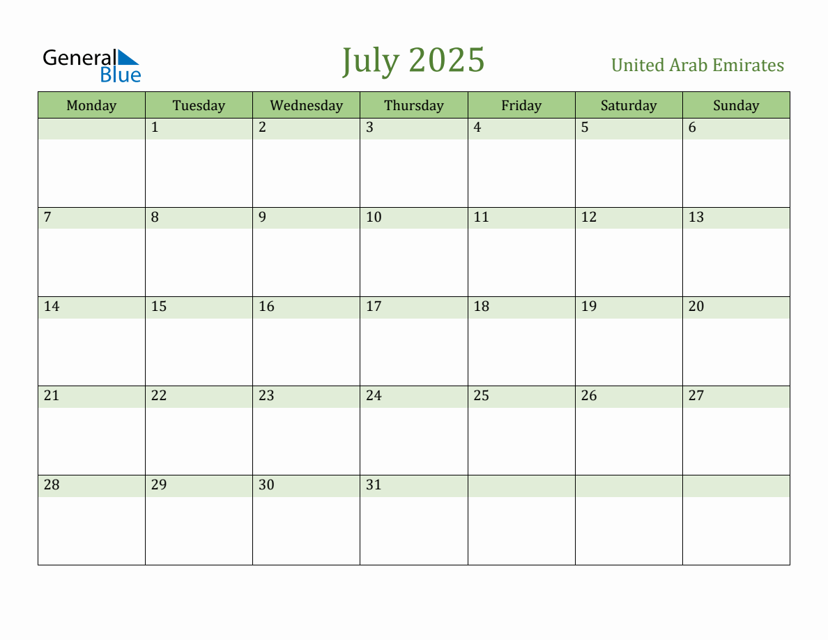 Fillable Holiday Calendar for United Arab Emirates July 2025