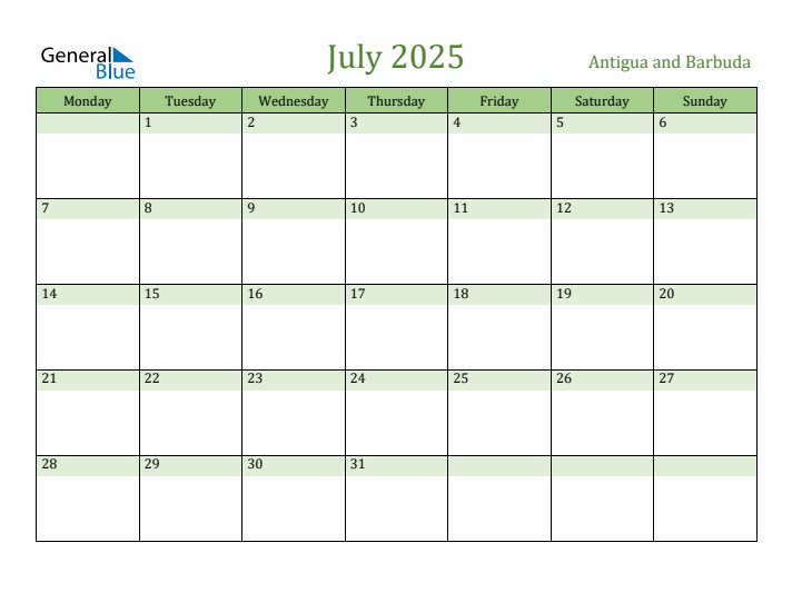 July 2025 Calendar with Antigua and Barbuda Holidays