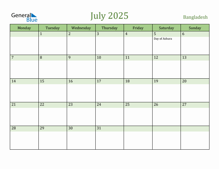 July 2025 Calendar with Bangladesh Holidays