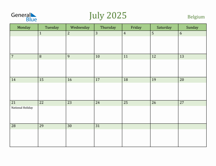 July 2025 Calendar with Belgium Holidays