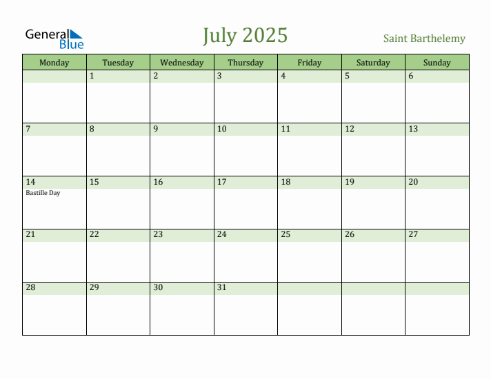 July 2025 Calendar with Saint Barthelemy Holidays