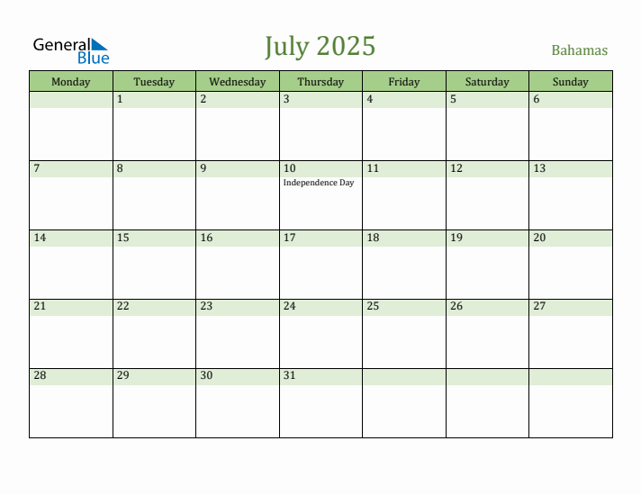 July 2025 Calendar with Bahamas Holidays