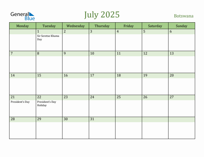 July 2025 Calendar with Botswana Holidays