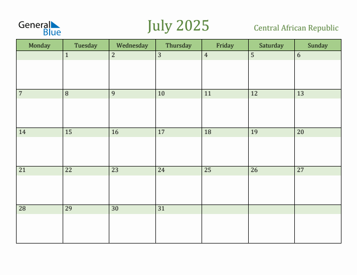 July 2025 Calendar with Central African Republic Holidays