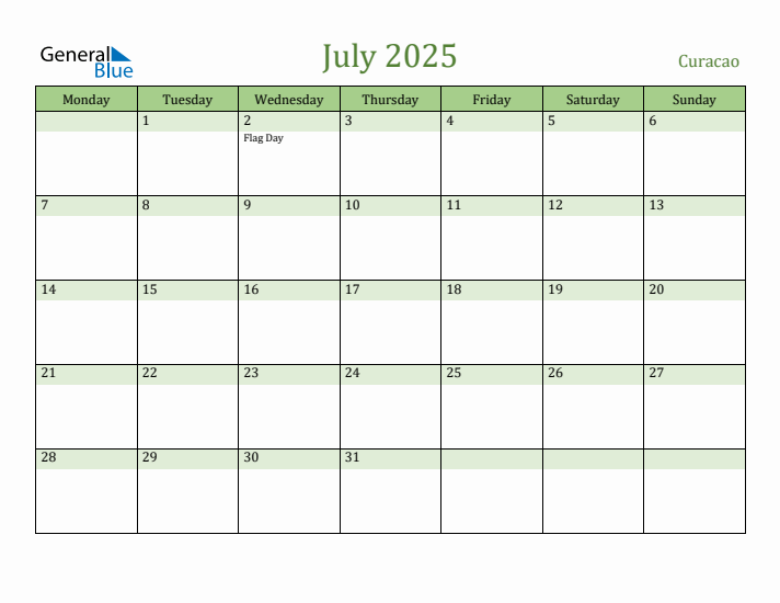 July 2025 Calendar with Curacao Holidays