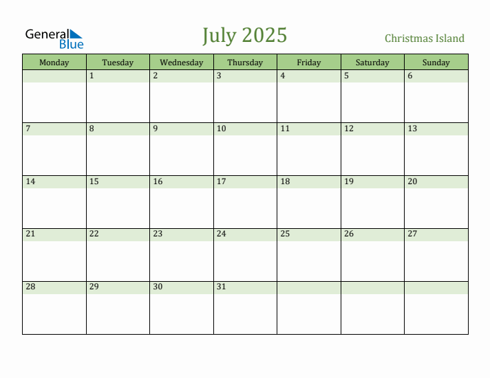 July 2025 Calendar with Christmas Island Holidays