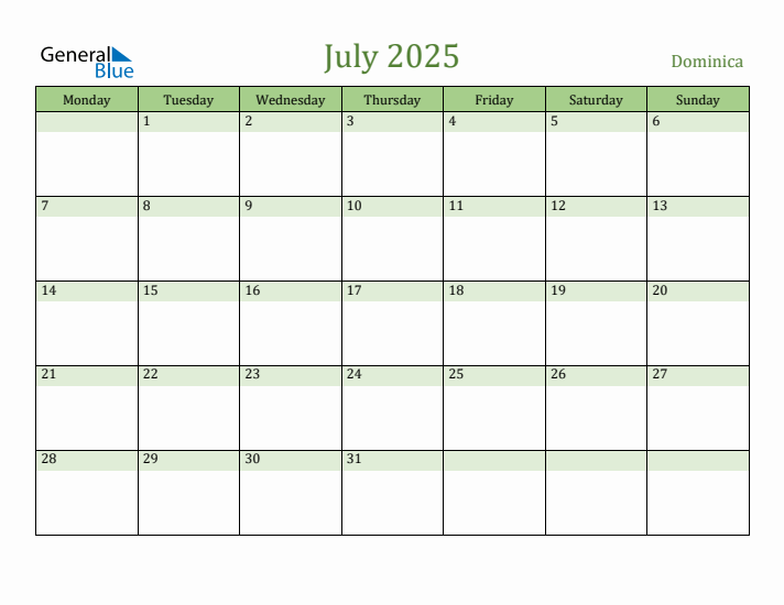 July 2025 Calendar with Dominica Holidays