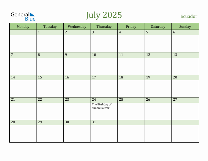 July 2025 Calendar with Ecuador Holidays