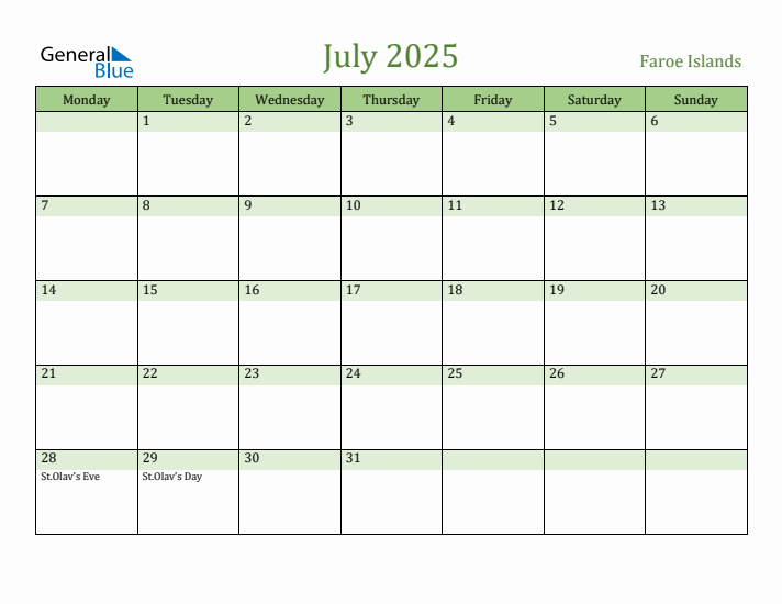 July 2025 Calendar with Faroe Islands Holidays