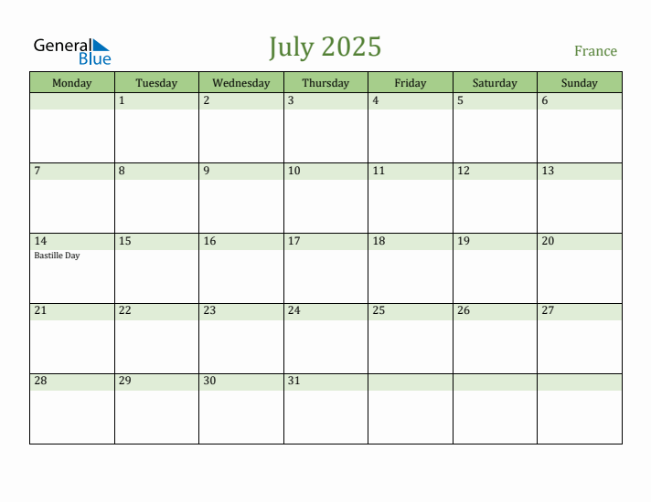 July 2025 Calendar with France Holidays