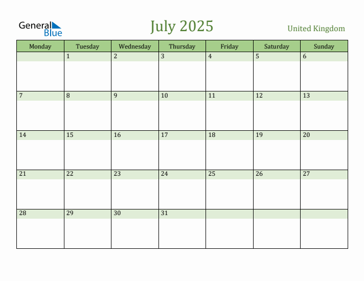 July 2025 Calendar with United Kingdom Holidays