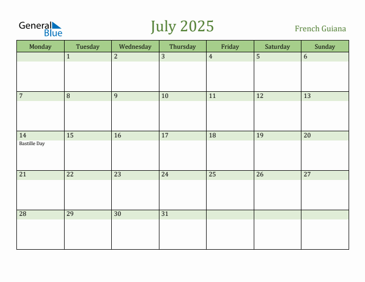 July 2025 Calendar with French Guiana Holidays