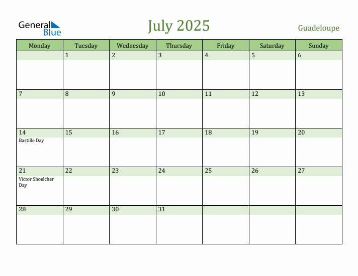 July 2025 Calendar with Guadeloupe Holidays