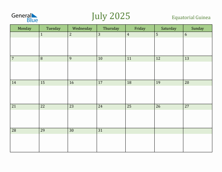 July 2025 Calendar with Equatorial Guinea Holidays
