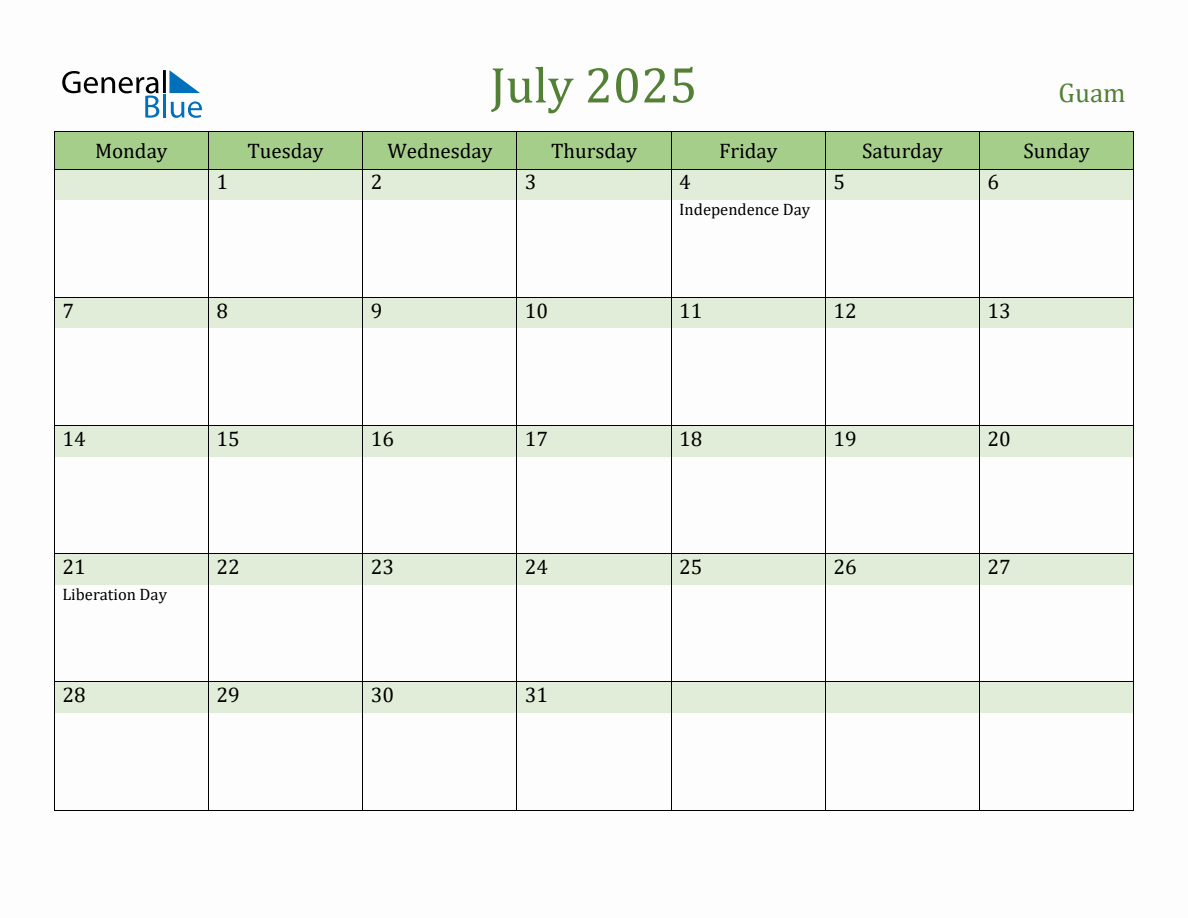 Fillable Holiday Calendar for Guam July 2025