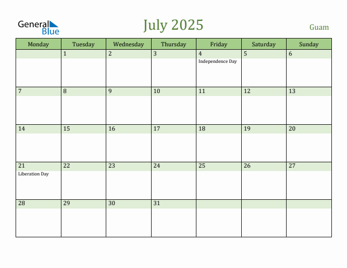 July 2025 Calendar with Guam Holidays