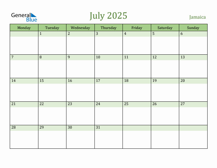 July 2025 Jamaica Monthly Calendar with Holidays