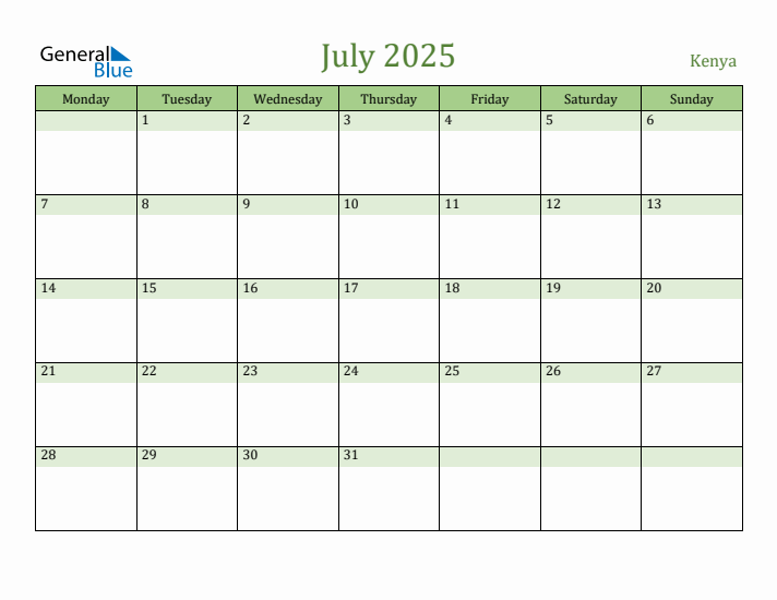 July 2025 Kenya Monthly Calendar with Holidays