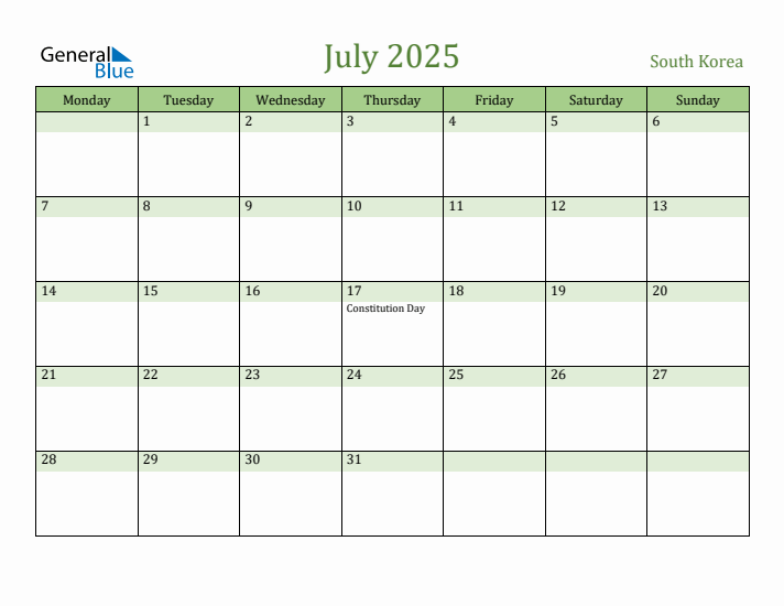 July 2025 Calendar with South Korea Holidays