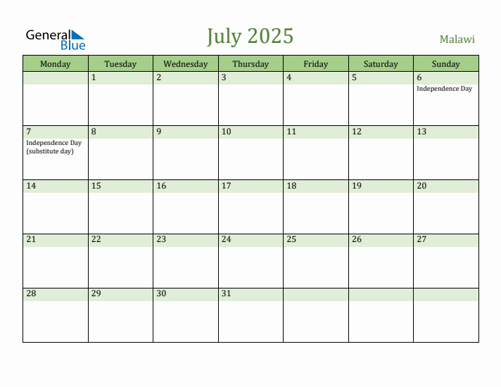 July 2025 Calendar with Malawi Holidays