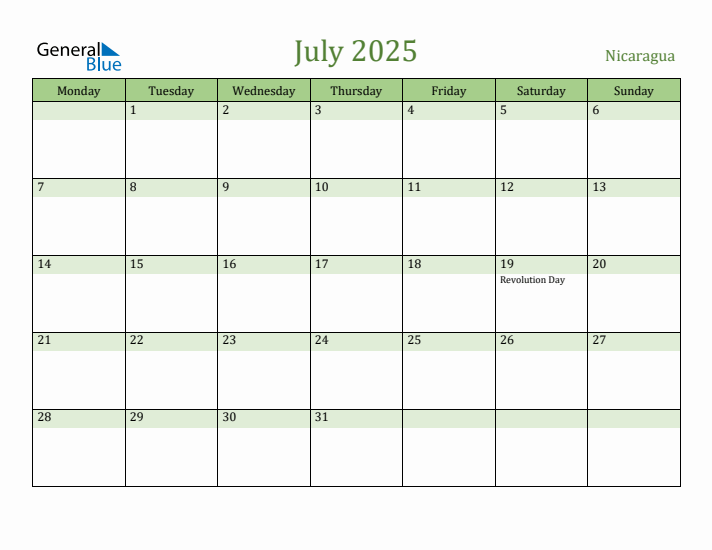 July 2025 Calendar with Nicaragua Holidays