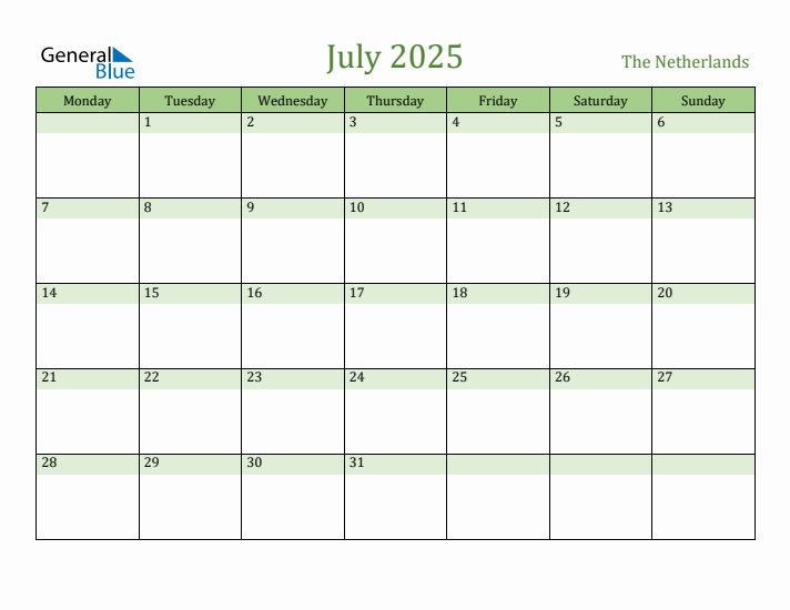 July 2025 Calendar with The Netherlands Holidays