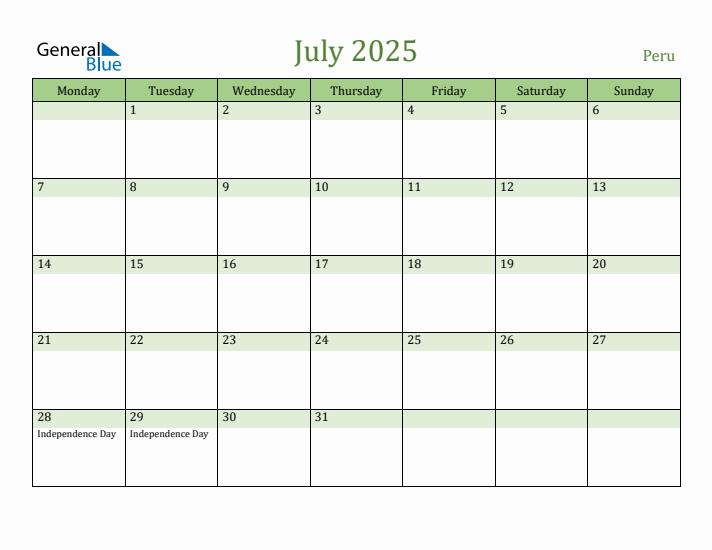 July 2025 Calendar with Peru Holidays