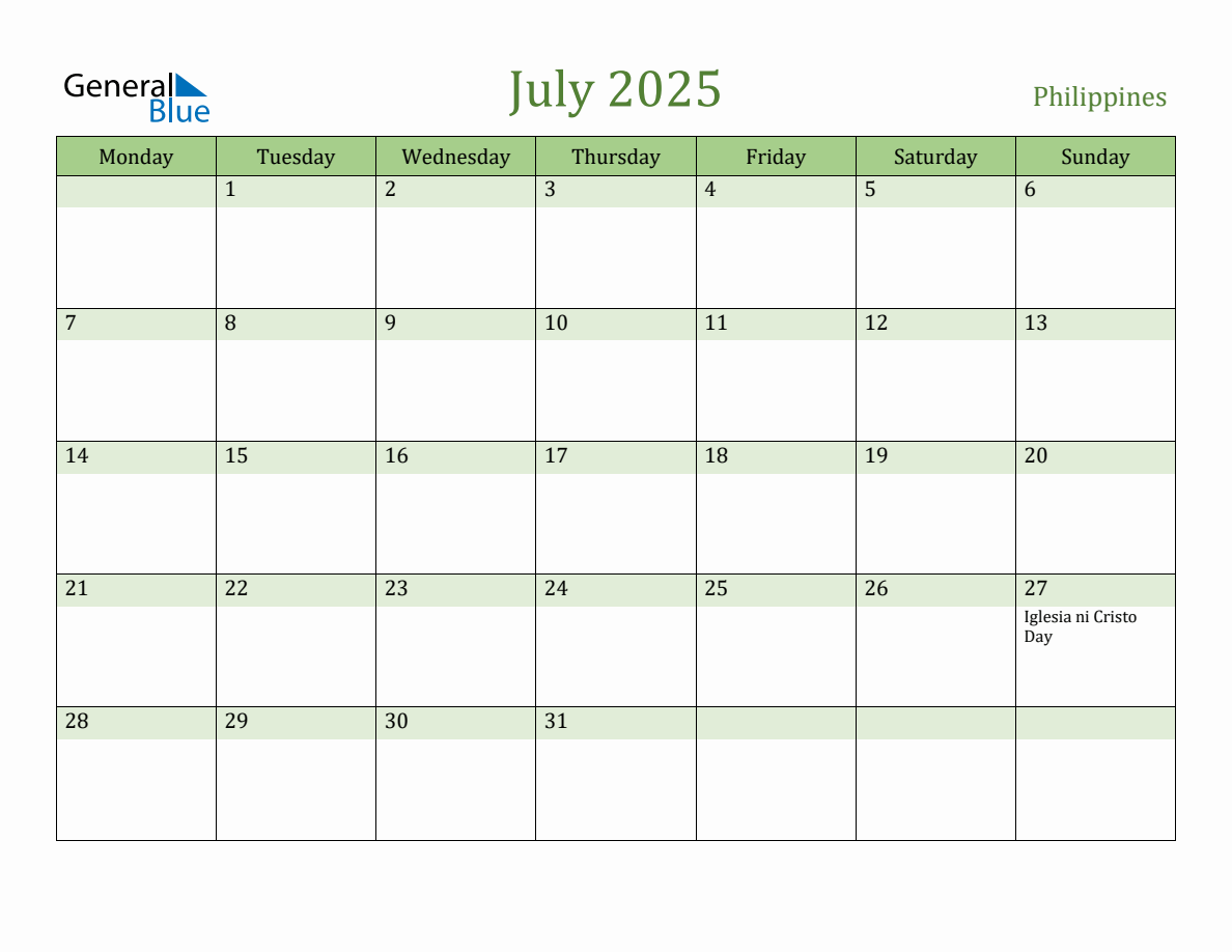 Fillable Holiday Calendar for Philippines - July 2025