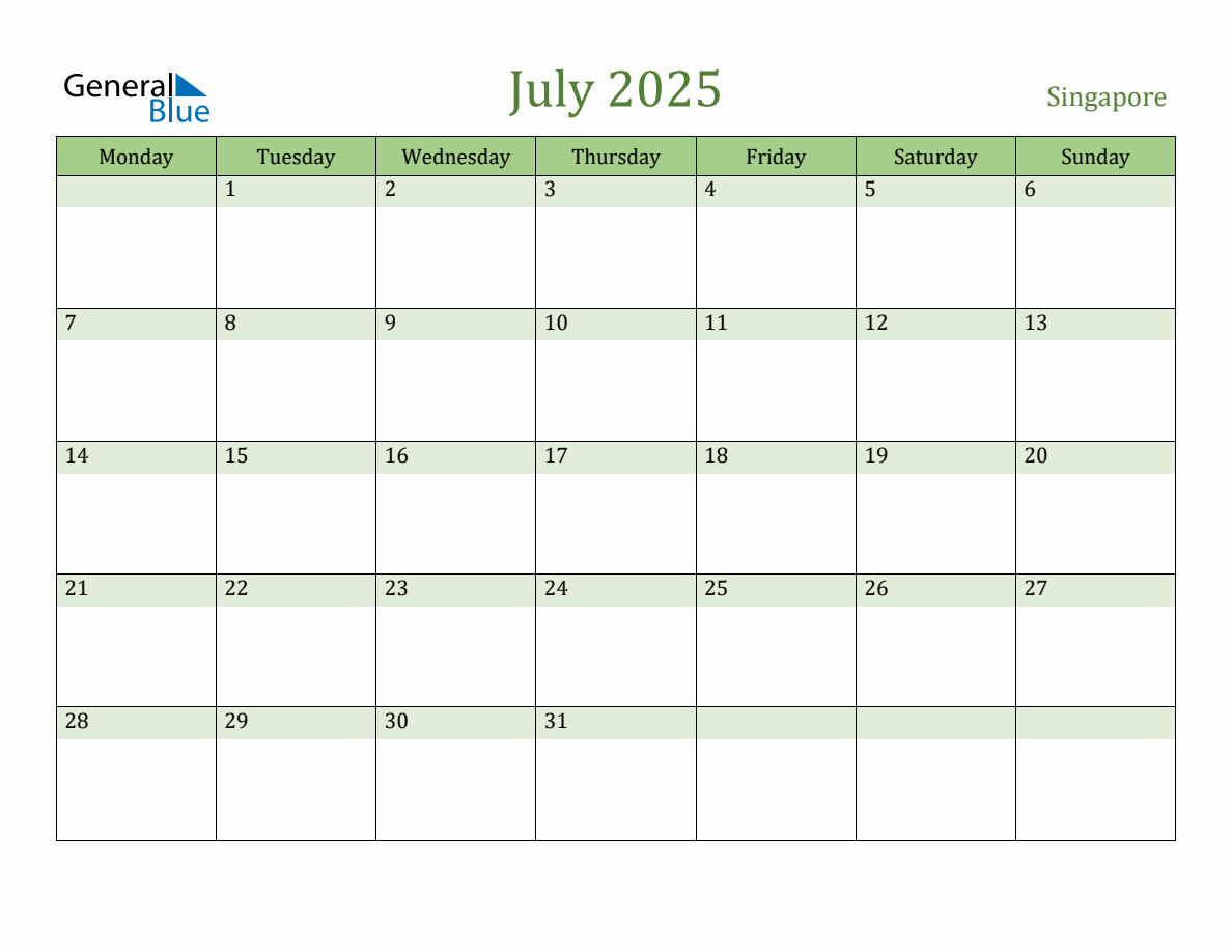 Fillable Holiday Calendar for Singapore July 2025