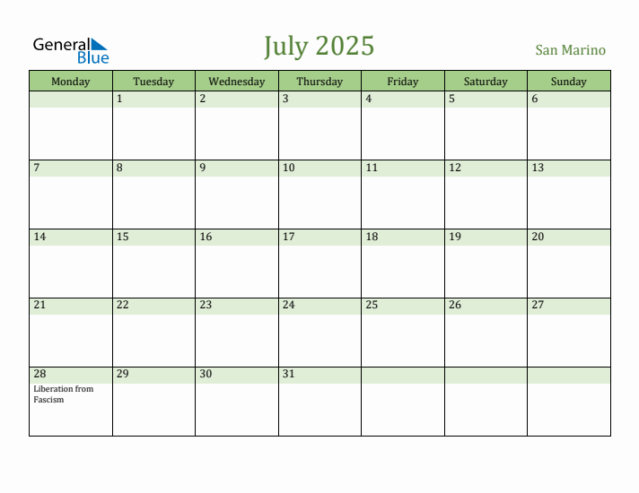 July 2025 Calendar with San Marino Holidays