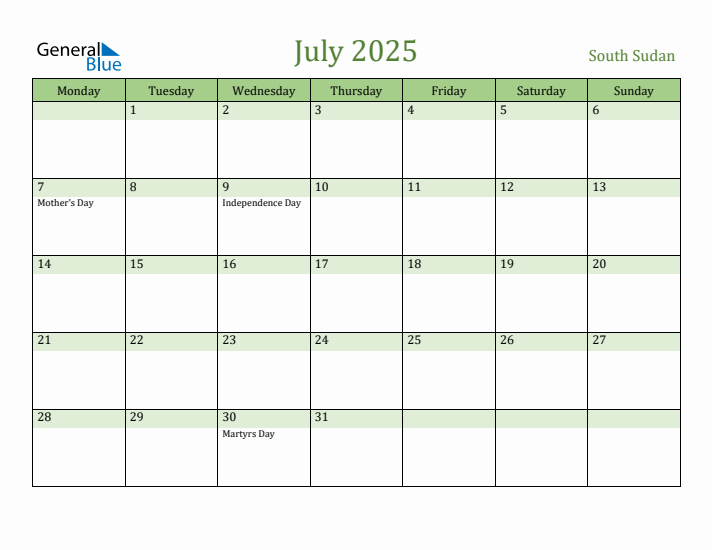 July 2025 Calendar with South Sudan Holidays