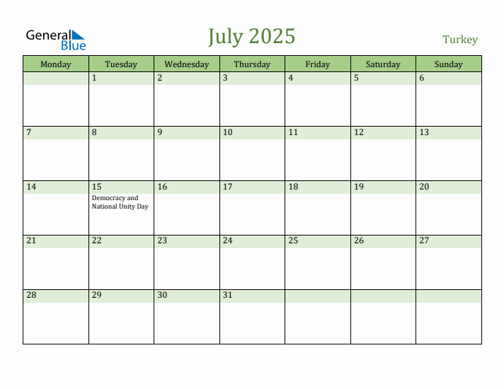 July 2025 Calendar with Turkey Holidays