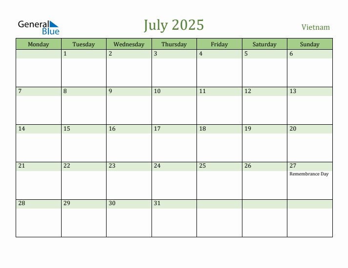 July 2025 Calendar with Vietnam Holidays