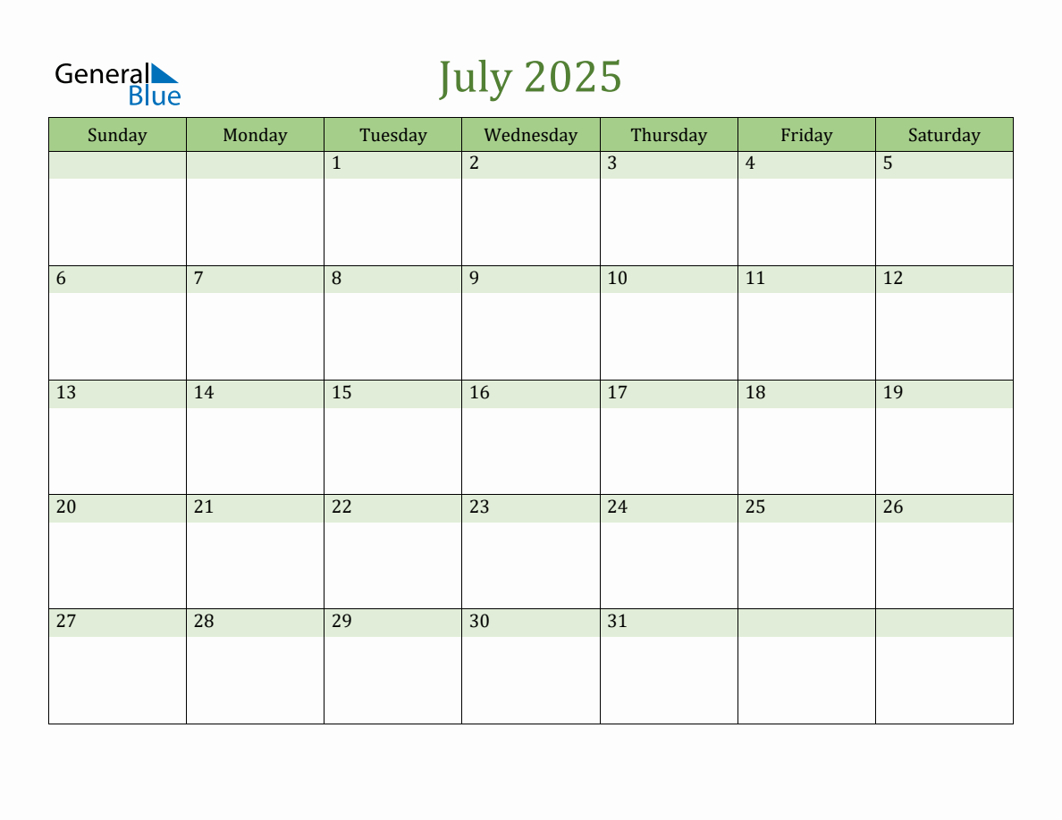 Fillable July 2025 Calendar