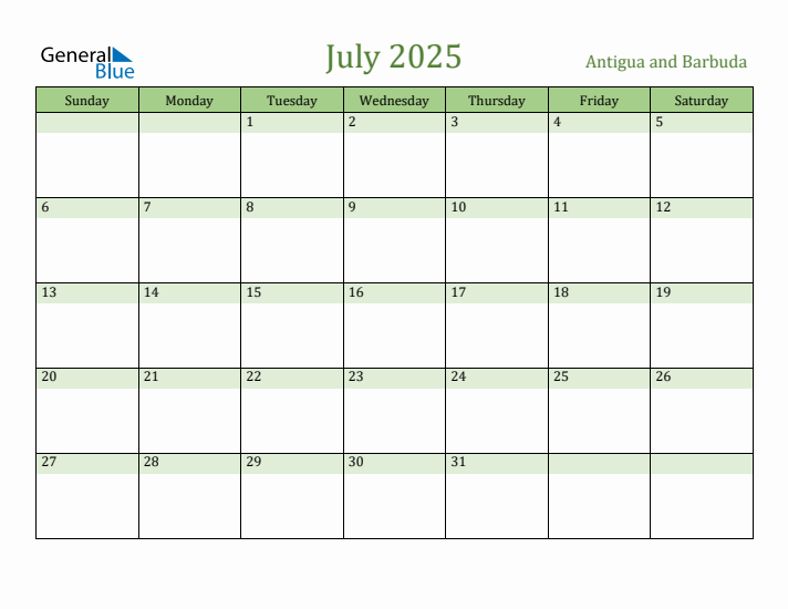 July 2025 Calendar with Antigua and Barbuda Holidays