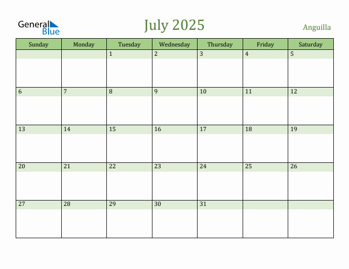 Fillable Holiday Calendar for Anguilla July 2025