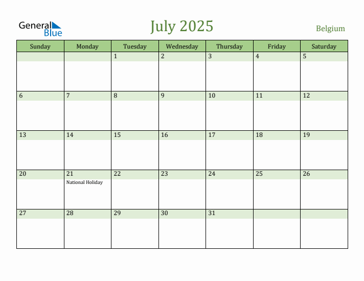 July 2025 Calendar with Belgium Holidays