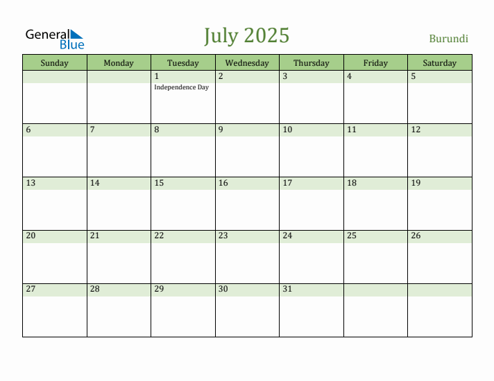 July 2025 Calendar with Burundi Holidays