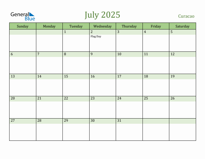 July 2025 Calendar with Curacao Holidays