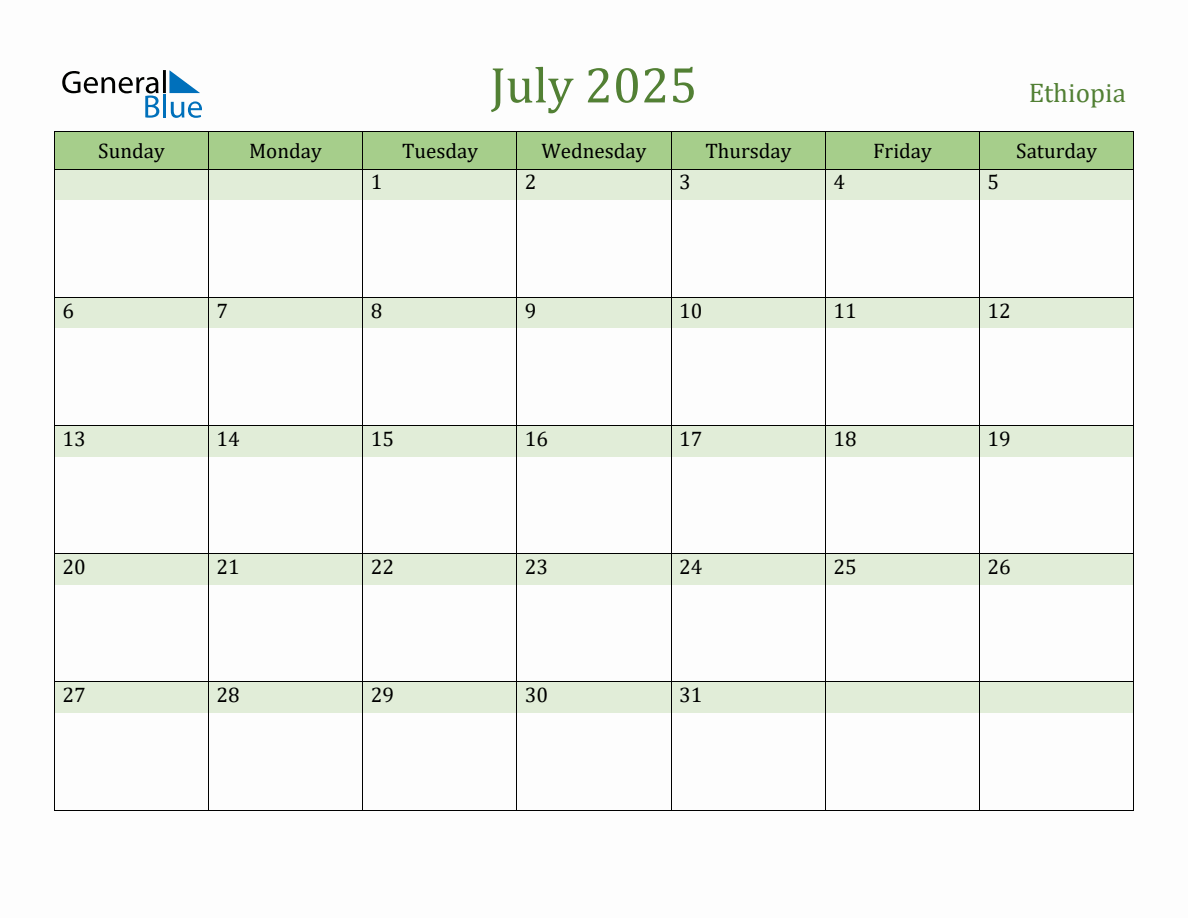 Fillable Holiday Calendar for Ethiopia July 2025