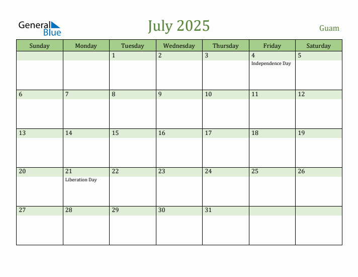 July 2025 Calendar with Guam Holidays