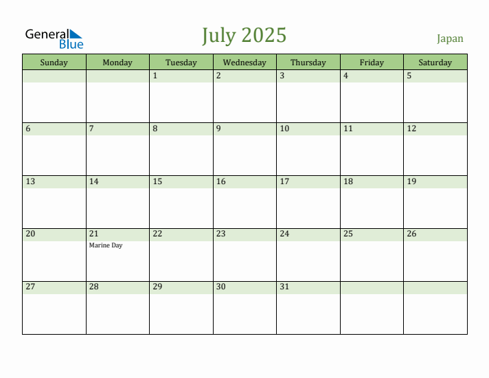 July 2025 Calendar with Japan Holidays