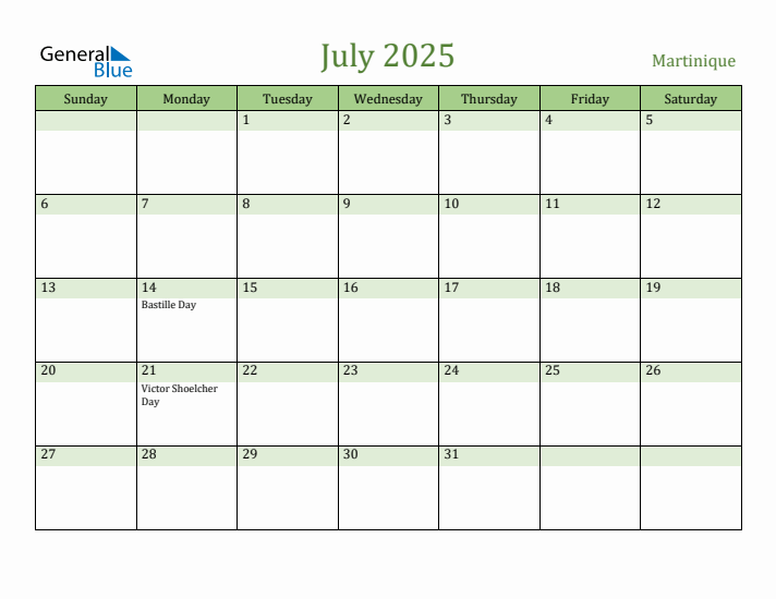 July 2025 Calendar with Martinique Holidays