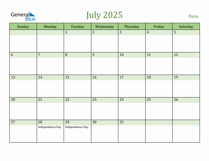 July 2025 Calendar with Peru Holidays