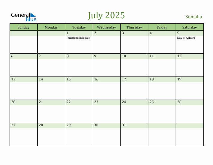 July 2025 Calendar with Somalia Holidays