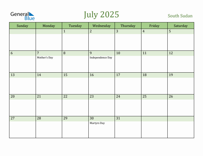 July 2025 Calendar with South Sudan Holidays