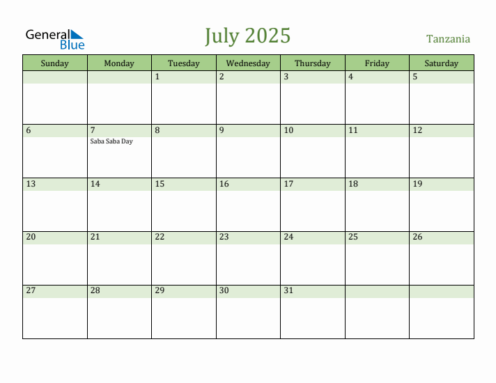 July 2025 Calendar with Tanzania Holidays