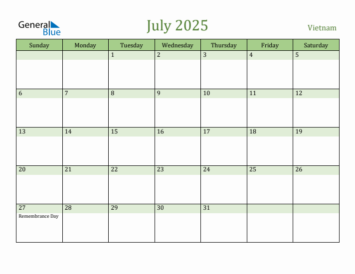 July 2025 Calendar with Vietnam Holidays