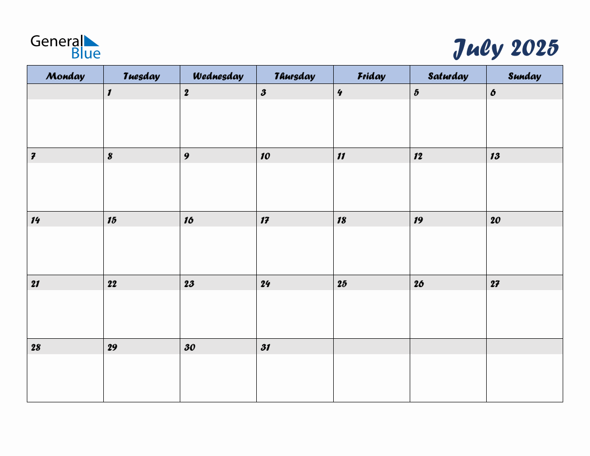 Free July 2025 Monthly Editable Calendar, starting on Monday